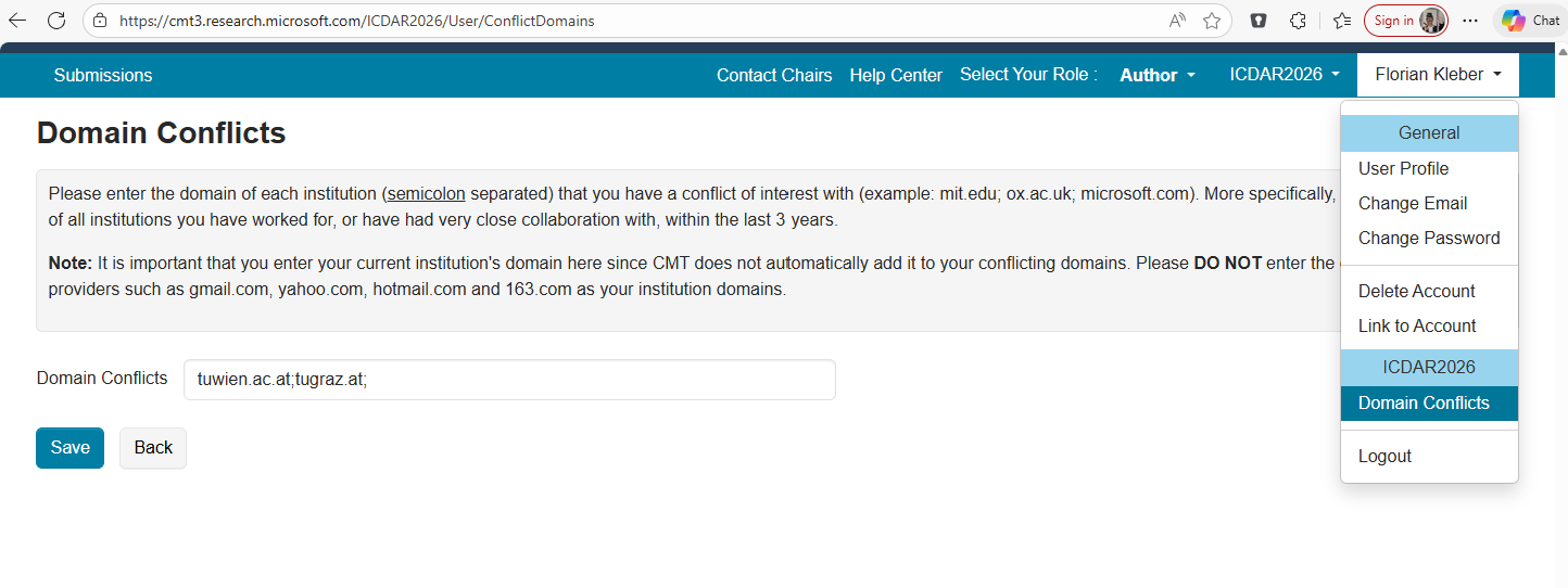 Domain Conflicts menu in CMT author interface